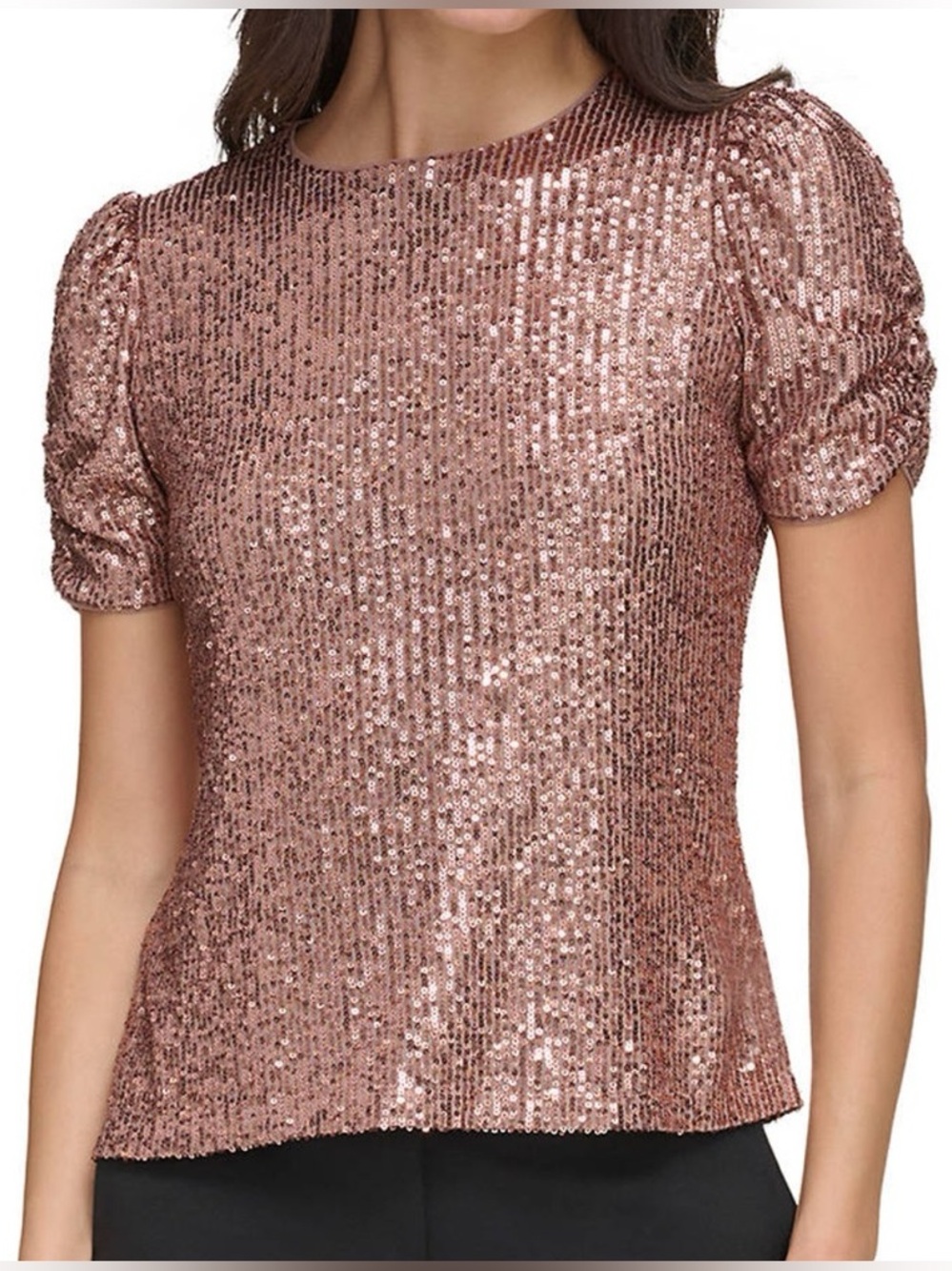 DKNY Rose Gold Sequin Puff Sleeve Top